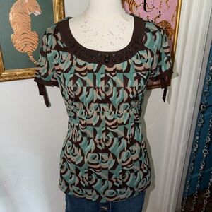 Geometric Patterned Brown and Blue Women's Top